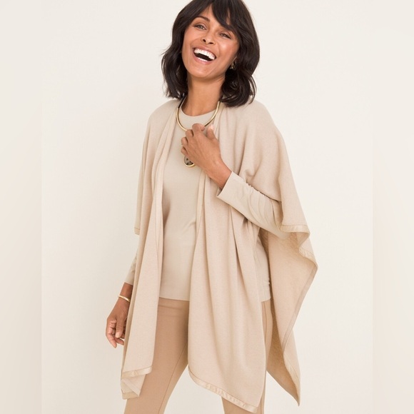 NWT Chico’s Faux-Suede Trim Ruana Covering Throw Wrap Size Blue Navy L/XL - Picture 1 of 5